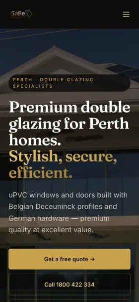 The GaBe Double Glazing homepage on a phone, live